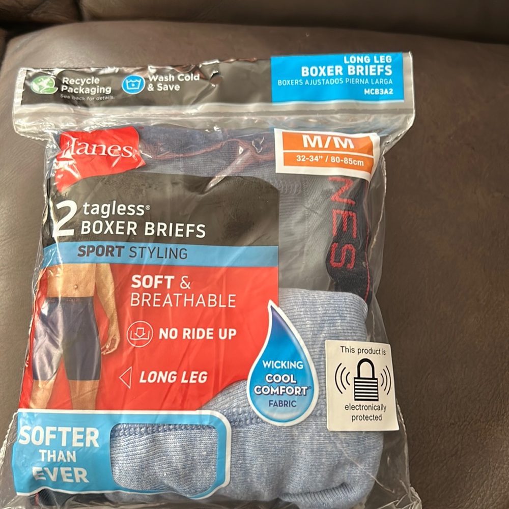Hanes Long Leg 2 Boxer Briefs, Med 32-34”/2 colors, navy blue & light blue.